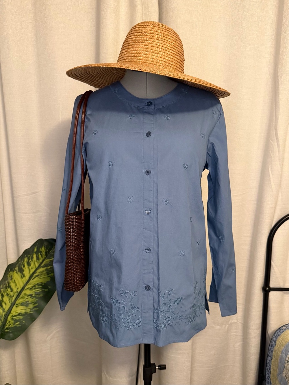 100% Cotton Blue Embroidered Button-Front Blouse